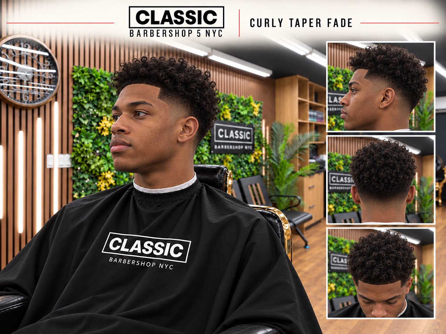 Classic 5 haircut inspiration: Curly taper fade, with the Murray Hill · Second Avenue shop background