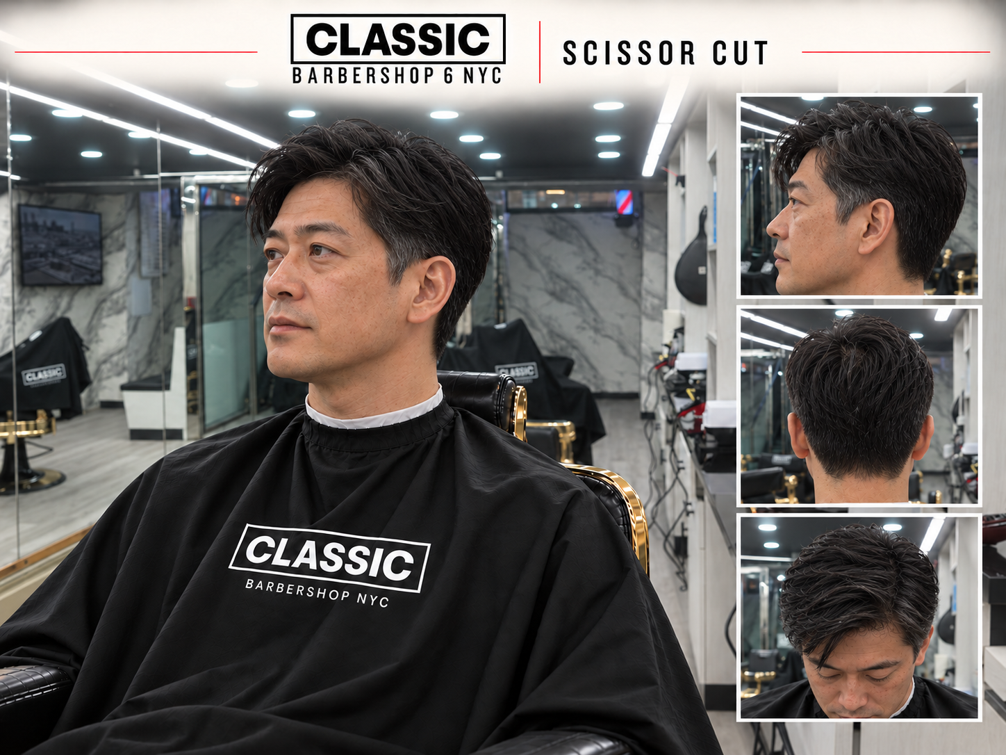 Classic 6 haircut inspiration: Scissor cut, with the East Village · East 14th shop background