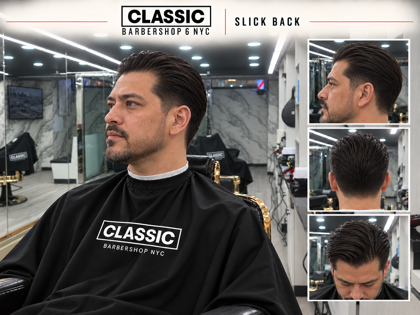 Classic 6 haircut inspiration: Slick back, with the East Village · East 14th shop background